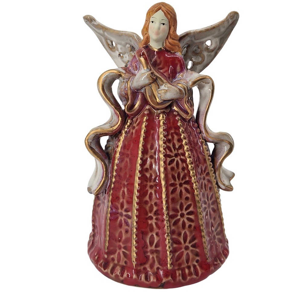 Ceramic Angel Bell Figurine Burgundy‎ Red Gold Glaze Christmas Decor Harpist